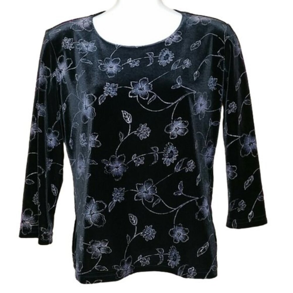 RL Richard NY Black and Metallic Silver Floral Velour Top Womens Size PM